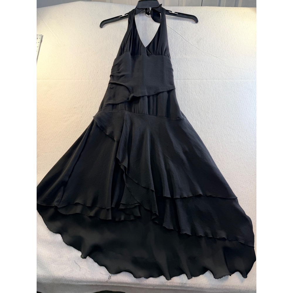 Nicole Miller Collection Black 100% Silk Halter Ruffle High Low Dress Size 6